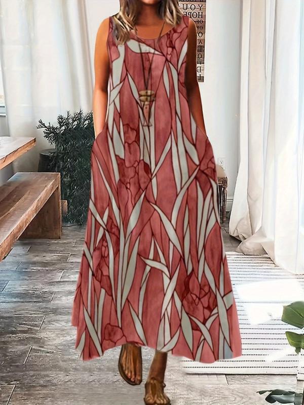 Flower & Leaf Print Plus Size Maxi Cami Dress With Pockets