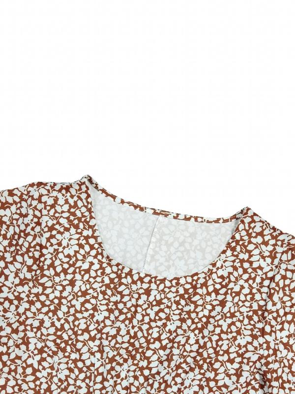 Women's Plus Ditsy Print Ruched Short Sleeve Round Neck Dress With Pockets