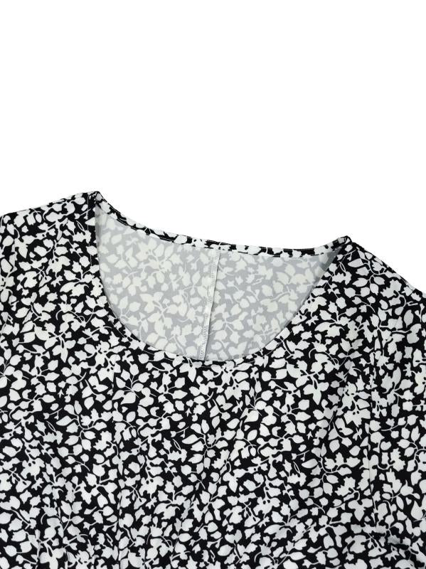 Women's Plus Ditsy Print Ruched Short Sleeve Round Neck Dress With Pockets