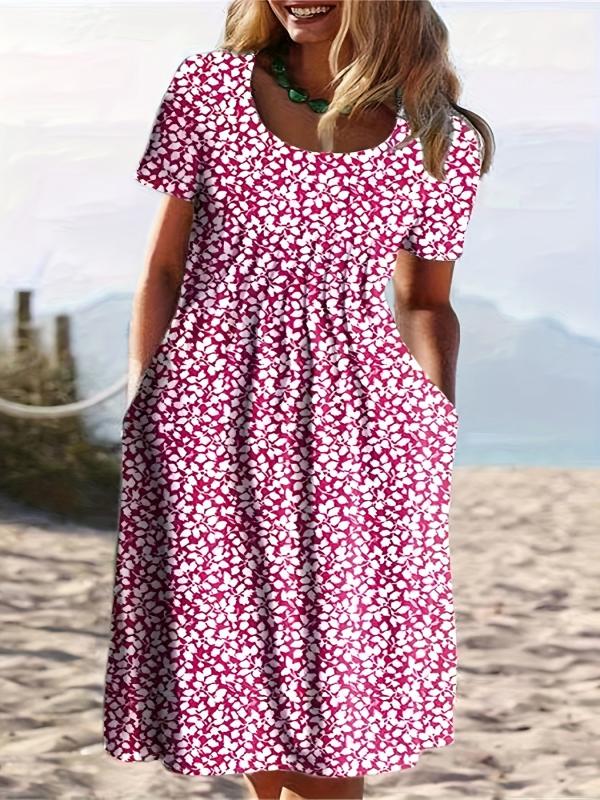 Women's Plus Ditsy Print Ruched Short Sleeve Round Neck Dress With Pockets