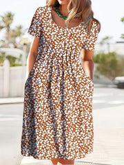 Women's Plus Ditsy Print Ruched Short Sleeve Round Neck Dress With Pockets