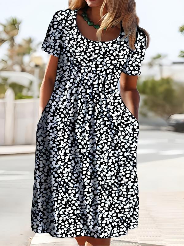 Women's Plus Ditsy Print Ruched Short Sleeve Round Neck Dress With Pockets