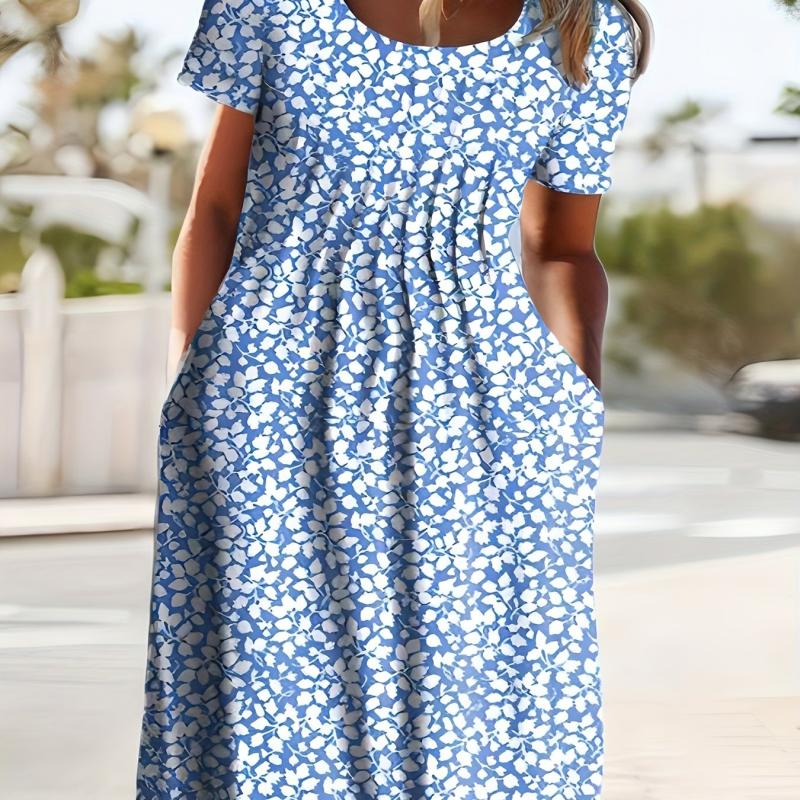 Women's Plus Ditsy Print Ruched Short Sleeve Round Neck Dress With Pockets