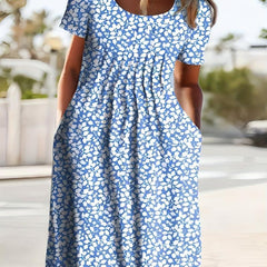 Women's Plus Ditsy Print Ruched Short Sleeve Round Neck Dress With Pockets