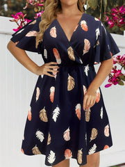 Feather Print V Neck Midi Dress Plus Size