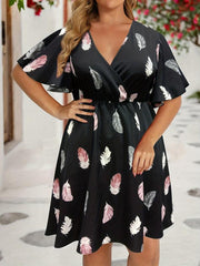 Feather Print V Neck Midi Dress Plus Size