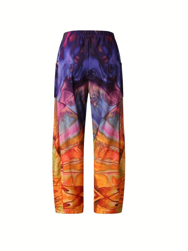 Ombre Print High Rise Wide Leg Pants Plus Size Casual Non Stretch Wide Leg Pants