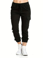 Women's Plus Size Solid Cargo Pants with Drawstring Waist