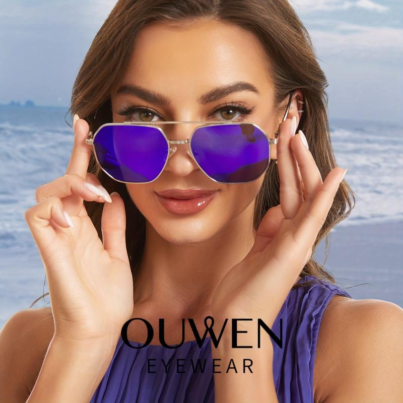 OUWEN Square Aviator Sunglasses Retro Polygon Shady Rays VF2207D