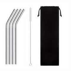 4pc Reusable Stainless Steel Straw & Brush Set with Bag