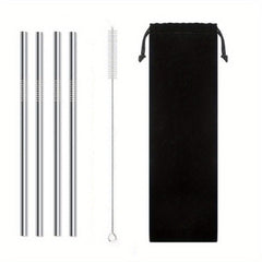 4pc Reusable Stainless Steel Straw & Brush Set with Bag