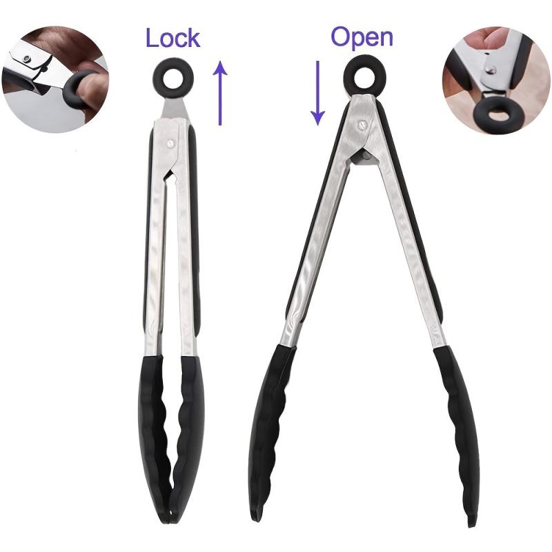 3pcs Kitchen Tongs Silicone Tips Stainless Steel BBQ Cooking Grilling Locking