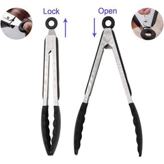 3pcs Kitchen Tongs Silicone Tips Stainless Steel BBQ Cooking Grilling Locking