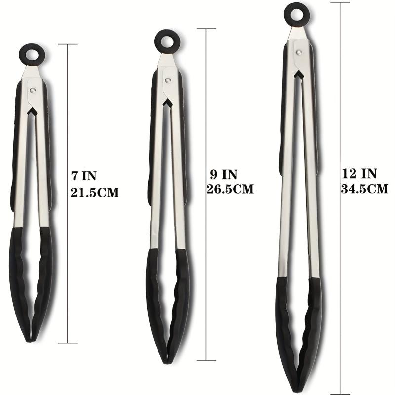 3pcs Kitchen Tongs Silicone Tips Stainless Steel BBQ Cooking Grilling Locking