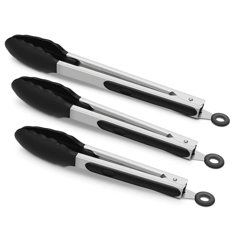 3pcs Kitchen Tongs Silicone Tips Stainless Steel BBQ Cooking Grilling Locking