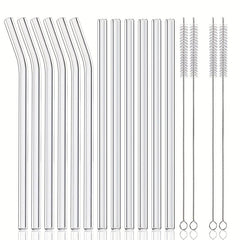 16pcs Reusable Glass Drinking Straws 8.5''x10MM w/ Cleaning Brush