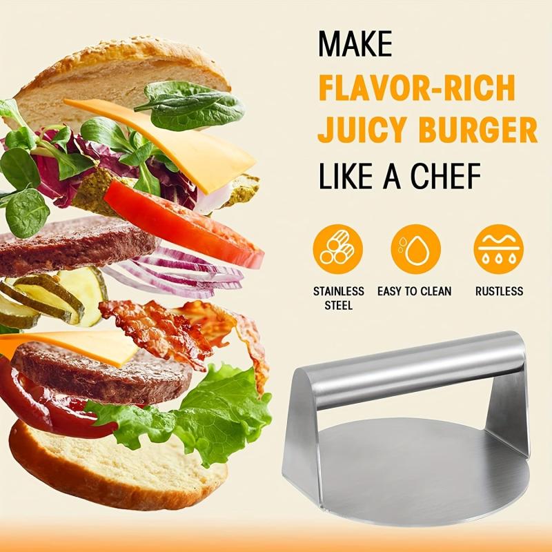 Stainless Steel Burger Press Smasher Non Stick Surface Round Tool