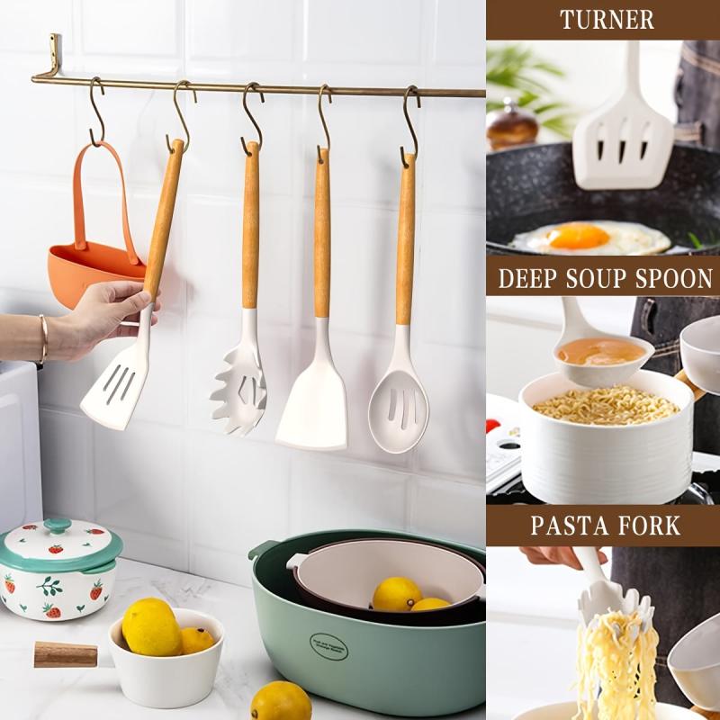 33pcs Silicone Cooking Utensils Set Non Stick Kitchen Spatula Set Wooden Handle