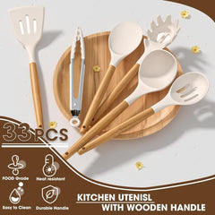 33pcs Silicone Cooking Utensils Set Non Stick Kitchen Spatula Set Wooden Handle