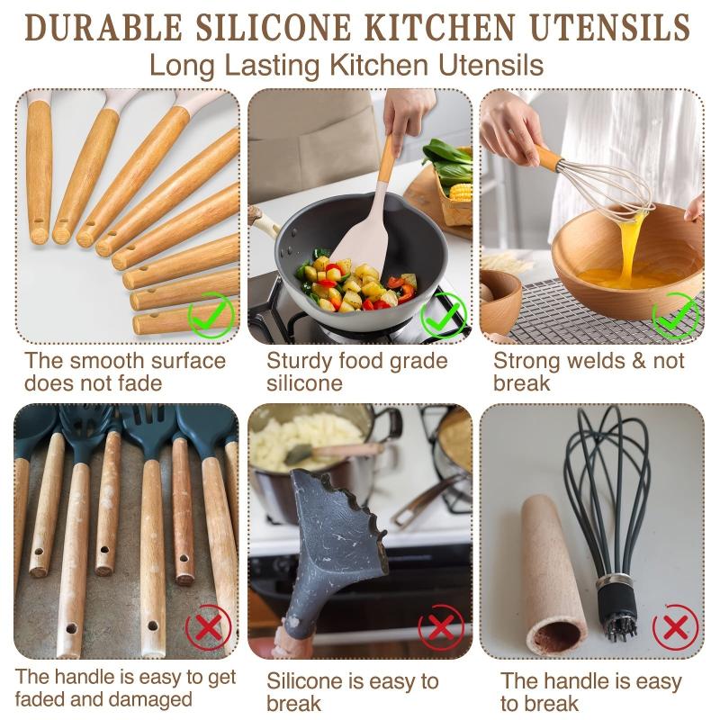 33pcs Silicone Cooking Utensils Set Non Stick Kitchen Spatula Set Wooden Handle