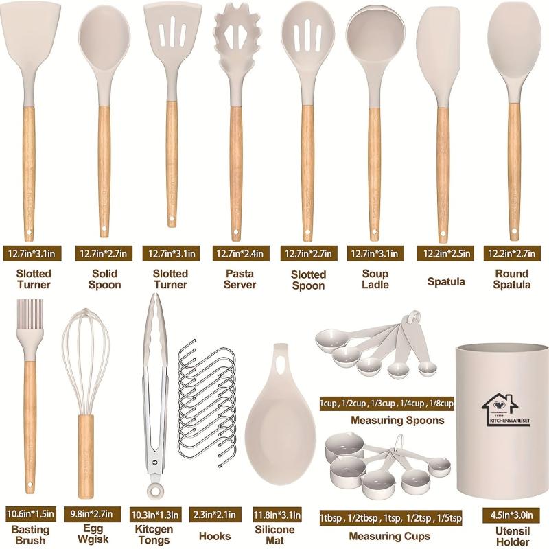33pcs Silicone Cooking Utensils Set Non Stick Kitchen Spatula Set Wooden Handle