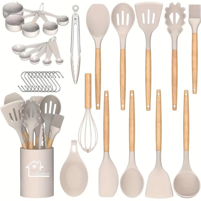33pcs Silicone Cooking Utensils Set Non Stick Kitchen Spatula Set Wooden Handle