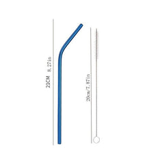 6pcs Curved Tube 1pc Brush Titanium Plated Stainless Steel Straw Set