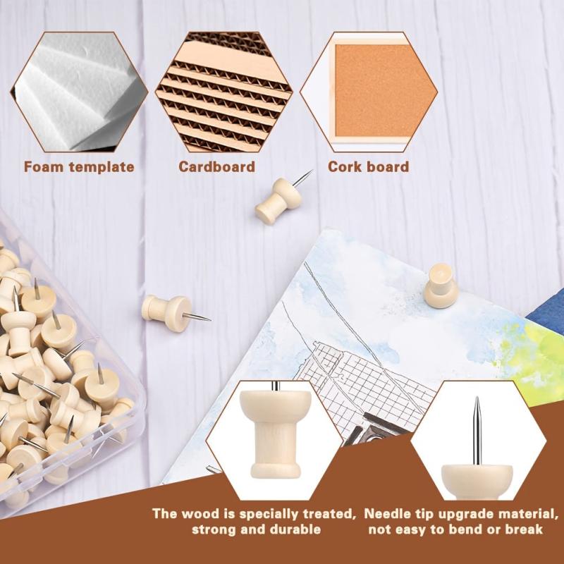 100pcs Wood Push Pins Wooden Head Pin Wood Thumb Tacks Decorative