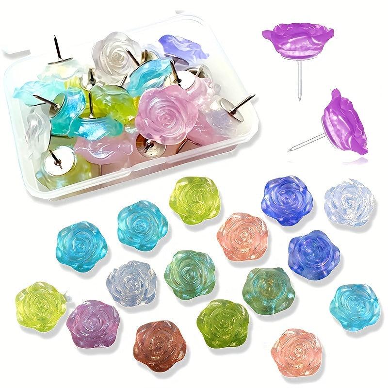 20 Pcs Resin Rose Flower Push Pin Colorful Flower Cork Board Pin