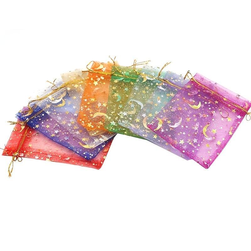 10pcs Moon Star Drawstring Organza Bag - Jewelry Candy Party Favors Mixed Colors