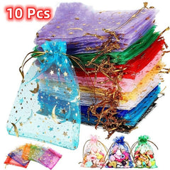 10pcs Moon Star Drawstring Organza Bag - Jewelry Candy Party Favors Mixed Colors
