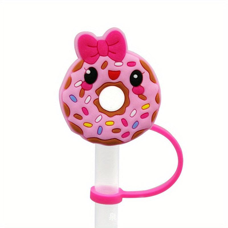 Cute Donut Straw Tips Cover - Reusable Silicone Aniame Drinking Straw Topper