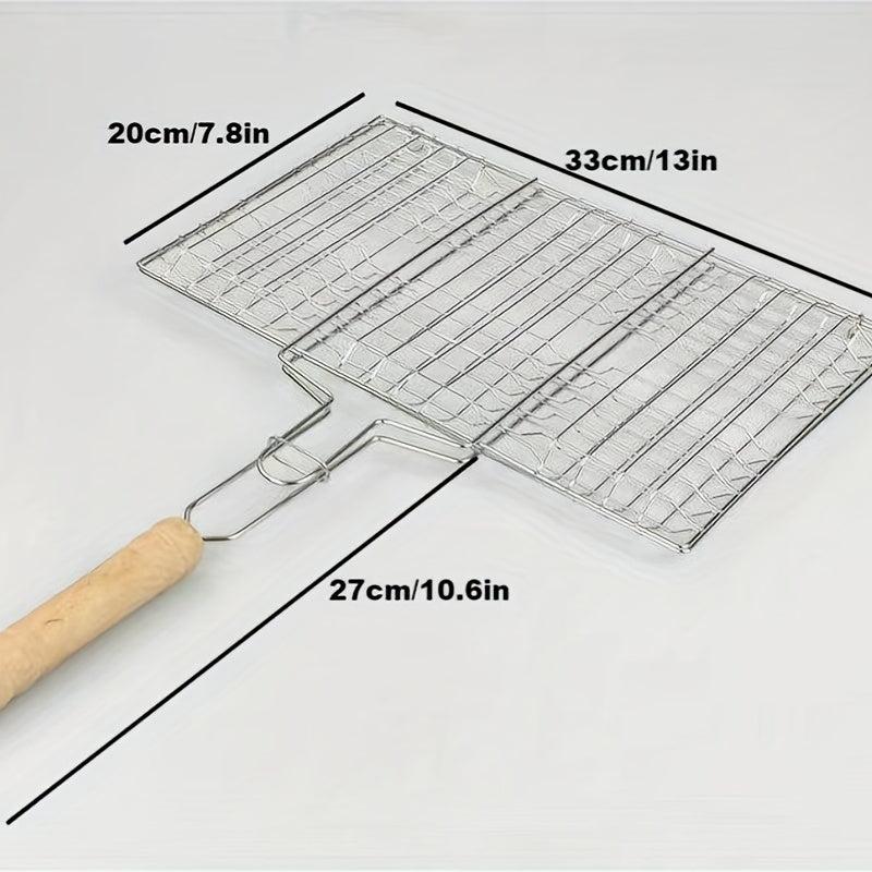Stainless Steel BBQ Fish Clip with Wooden Handle Folding Mesh Clip