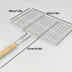 Stainless Steel BBQ Fish Clip with Wooden Handle Folding Mesh Clip
