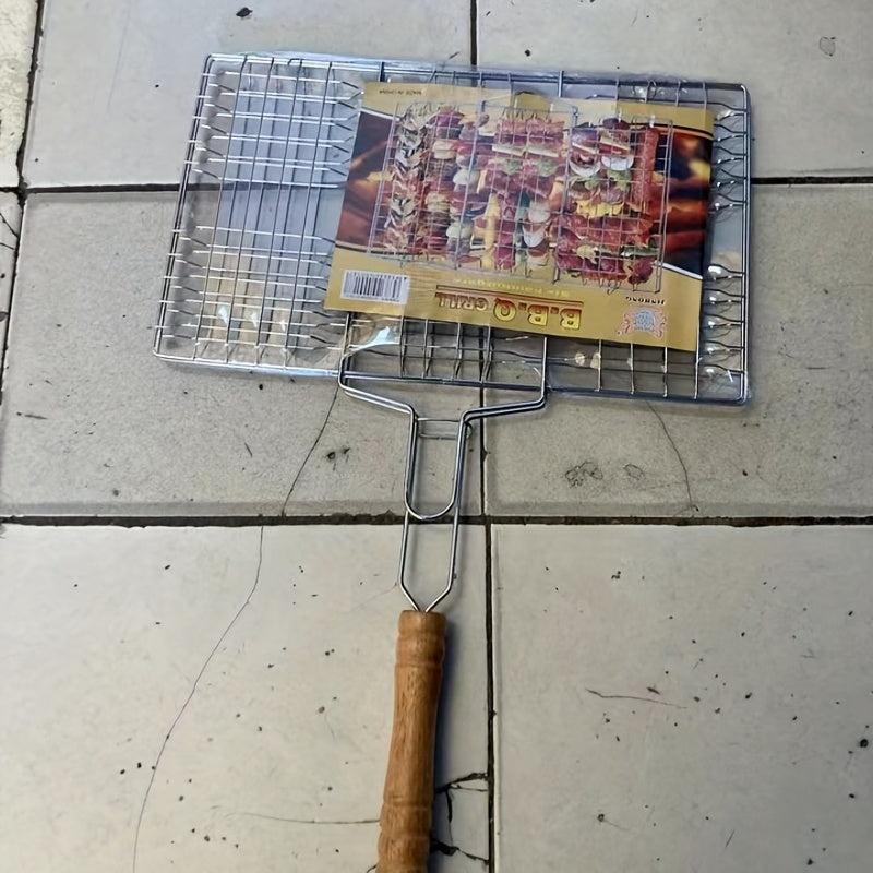 Stainless Steel BBQ Fish Clip with Wooden Handle Folding Mesh Clip