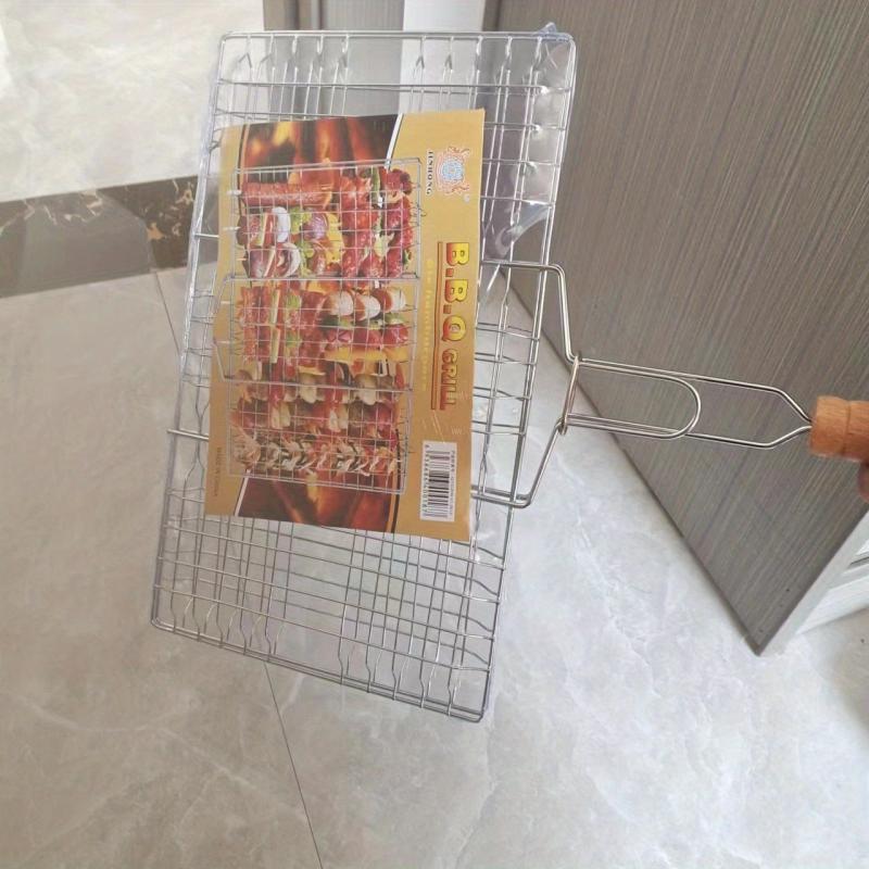 Stainless Steel BBQ Fish Clip with Wooden Handle Folding Mesh Clip