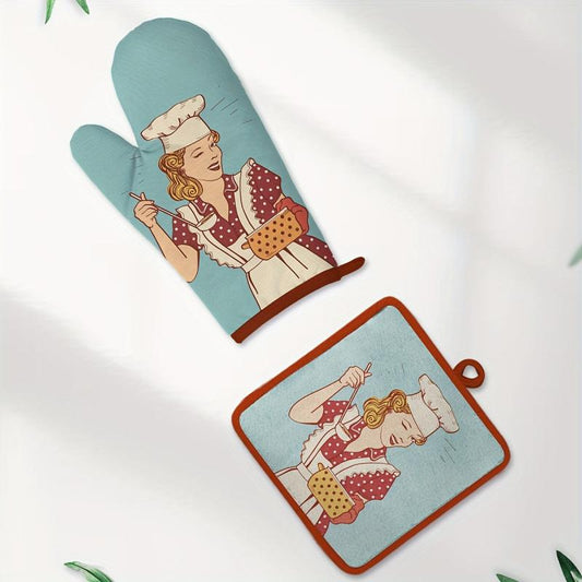 2pcs Colorful Printed Cotton Oven Mitts Heat Resistant Micorwave Oven Gloves
