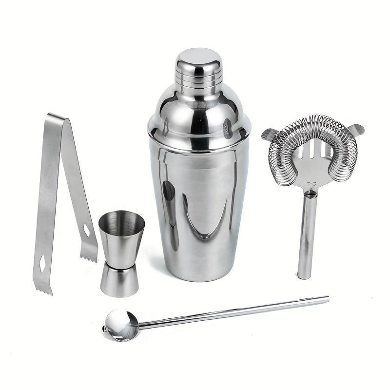 5pcs Stainless Steel Cocktail Shaker Set with Jigger, Strainer, Tongs, Spoon
