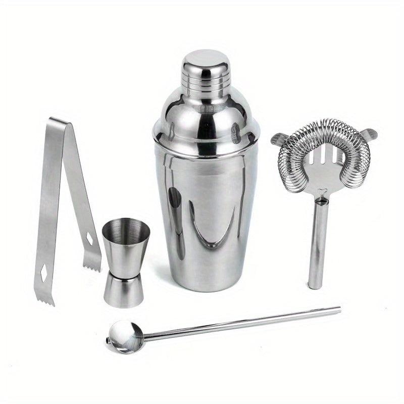 5pcs Stainless Steel Cocktail Shaker Set with Jigger, Strainer, Tongs, Spoon