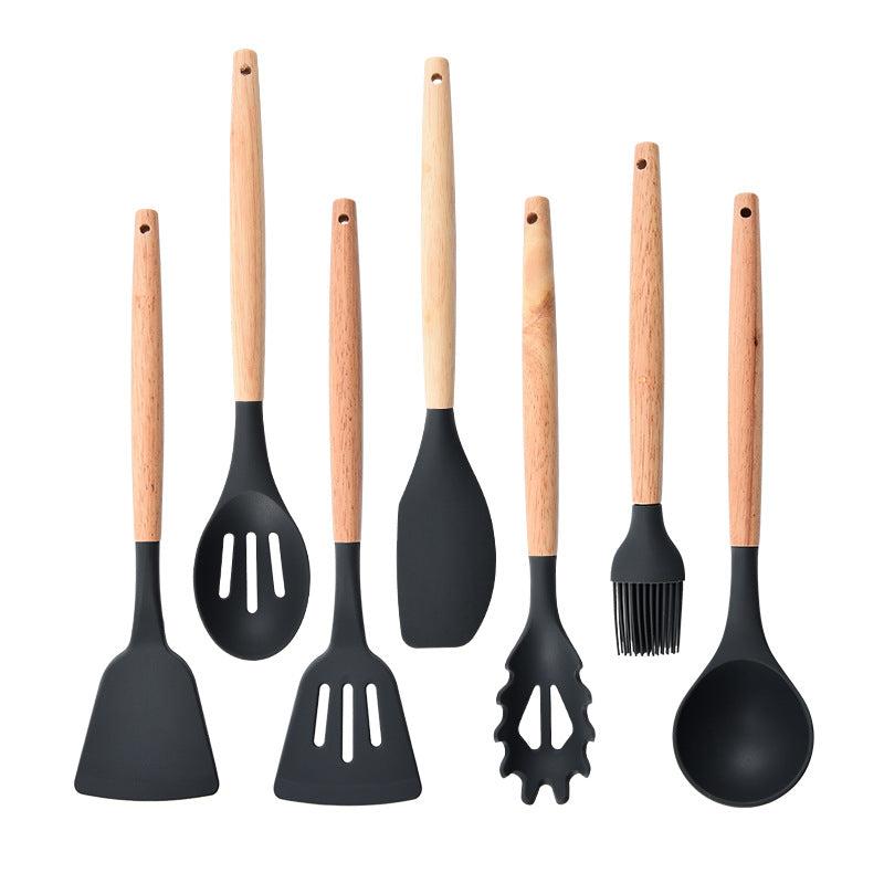7pcs Silicone Kitchen Utensils Set Wooden Handle Cooking Spoon Shovel Spot