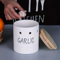 Ceramic Garlic Keeper with Wood Lid - Small Garlic Holder