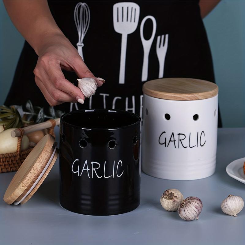 Ceramic Garlic Keeper with Wood Lid - Small Garlic Holder