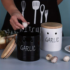 Ceramic Garlic Keeper with Wood Lid - Small Garlic Holder