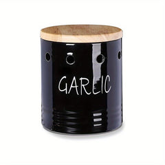 Ceramic Garlic Keeper with Wood Lid - Small Garlic Holder