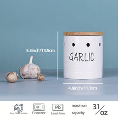 Ceramic Garlic Keeper with Wood Lid - Small Garlic Holder