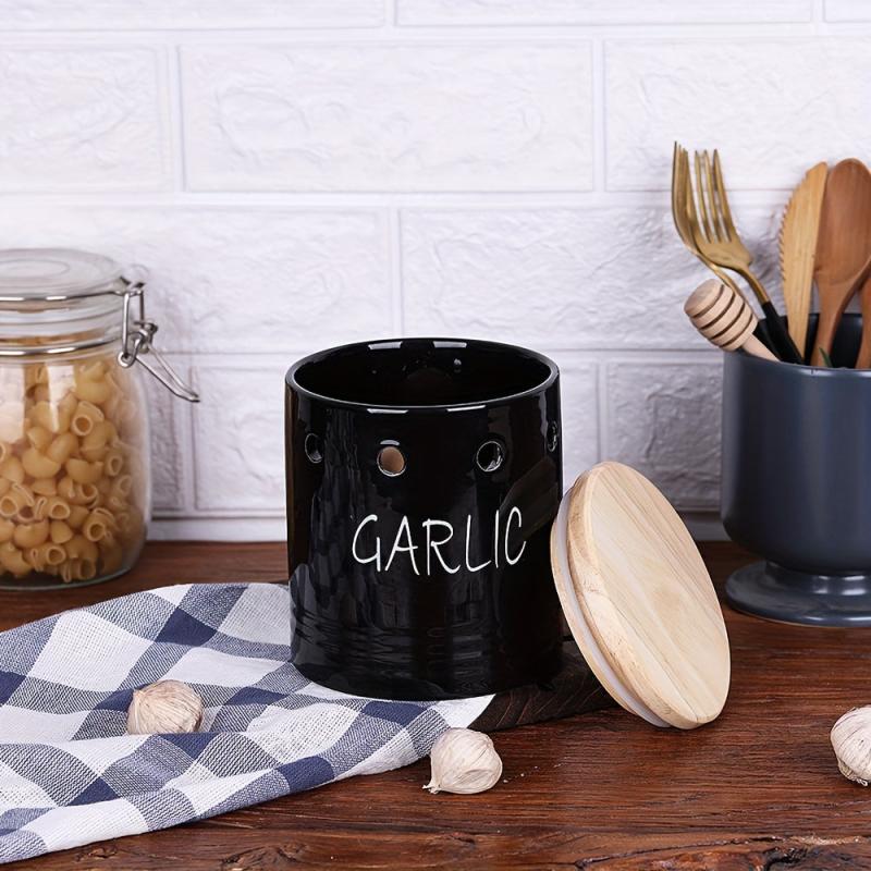 Ceramic Garlic Keeper with Wood Lid - Small Garlic Holder