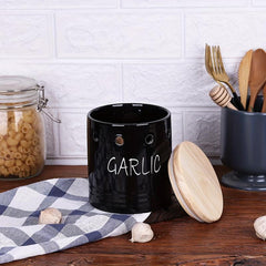 Ceramic Garlic Keeper with Wood Lid - Small Garlic Holder