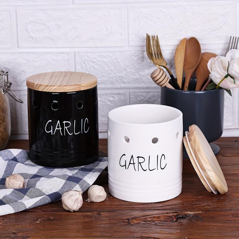 Ceramic Garlic Keeper with Wood Lid - Small Garlic Holder
