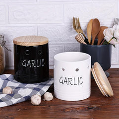 Ceramic Garlic Keeper with Wood Lid - Small Garlic Holder