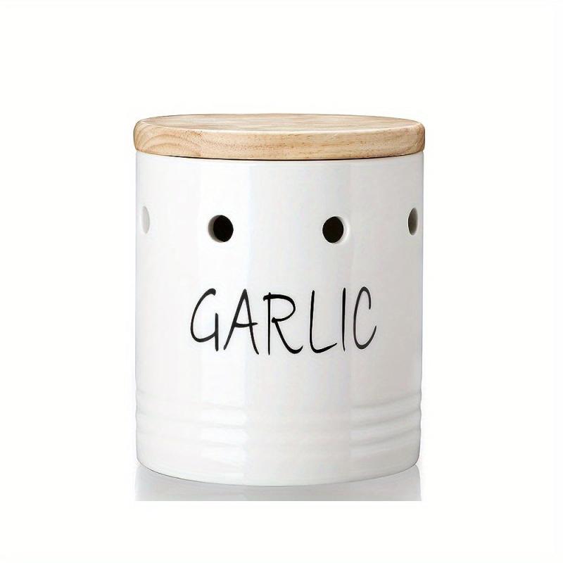 Ceramic Garlic Keeper with Wood Lid - Small Garlic Holder
